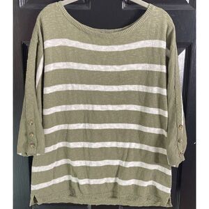 Talbots Size Large Olive Green & White Striped Lightweight Sweater 3/4 SL Button